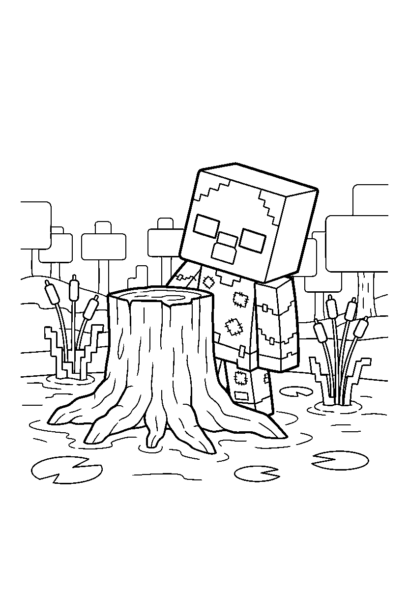 minecraft zombie watching cautiously in a swamp line art