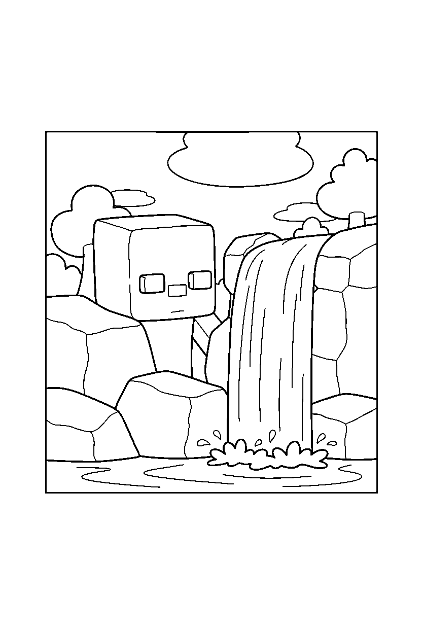 minecraft zombie watching cautiously near a waterfall line art