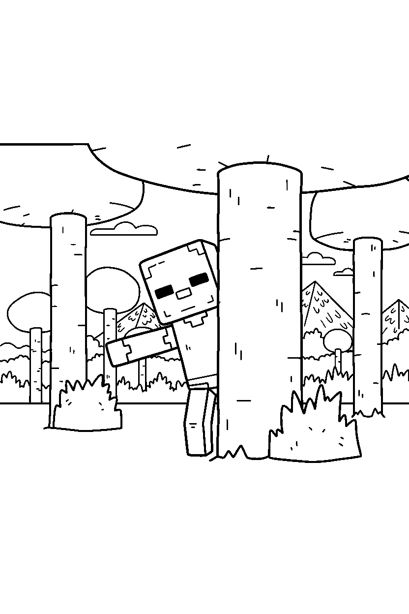 minecraft zombie watching from afar in a forest line art