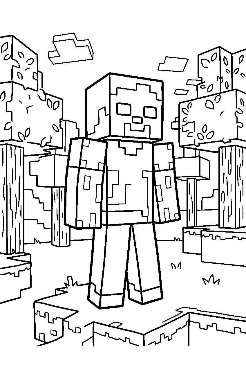 minecraft zombie watching in forest line art