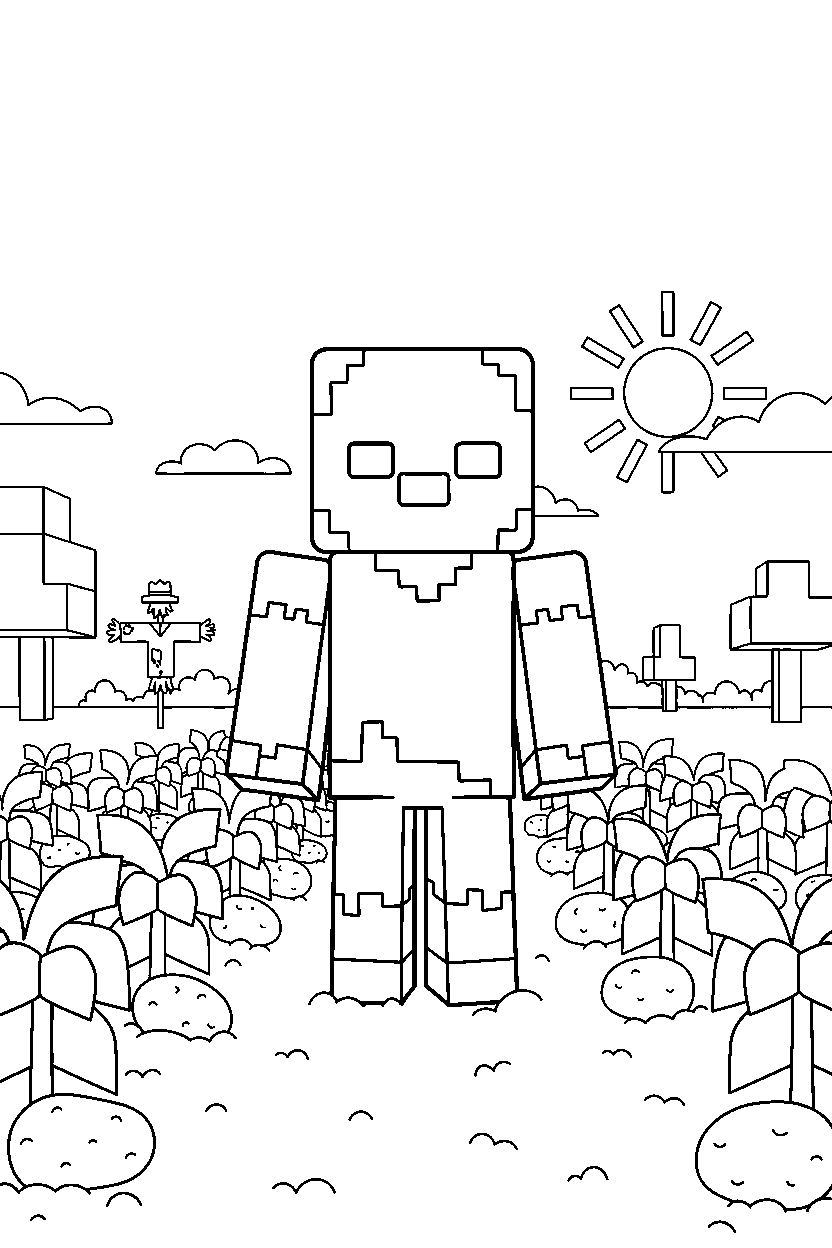 minecraft zombie watching in potato farm line art