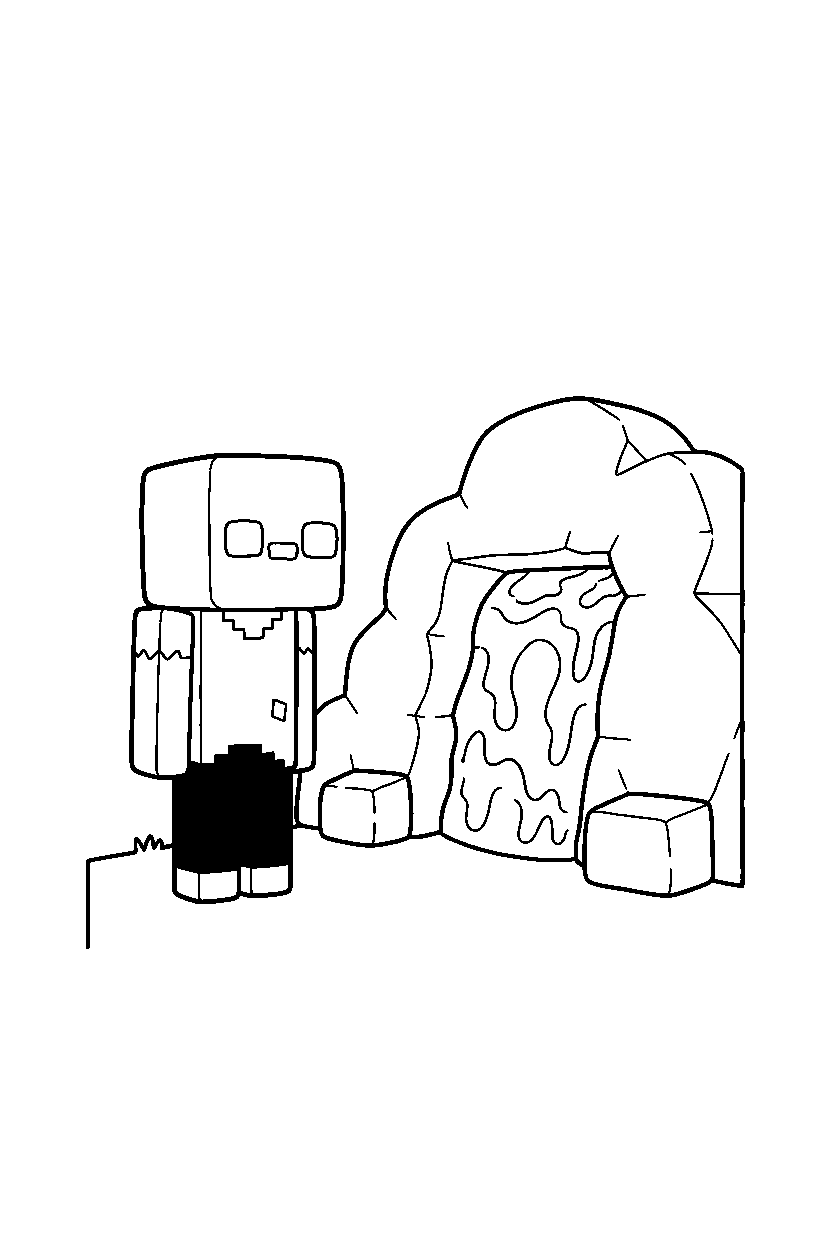 minecraft zombie watching silently near a lava cave line art