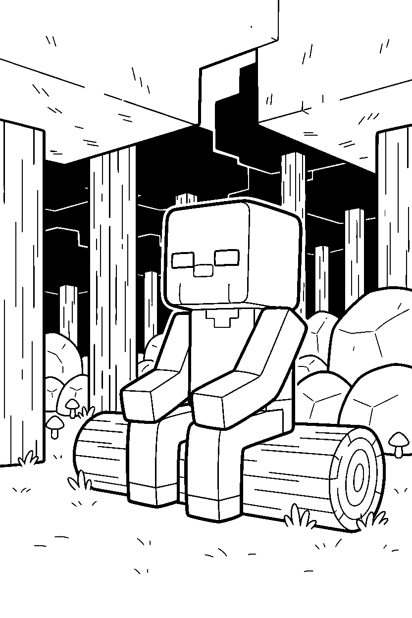 minecraft zombie watching the forest quietly in a dark forest line art