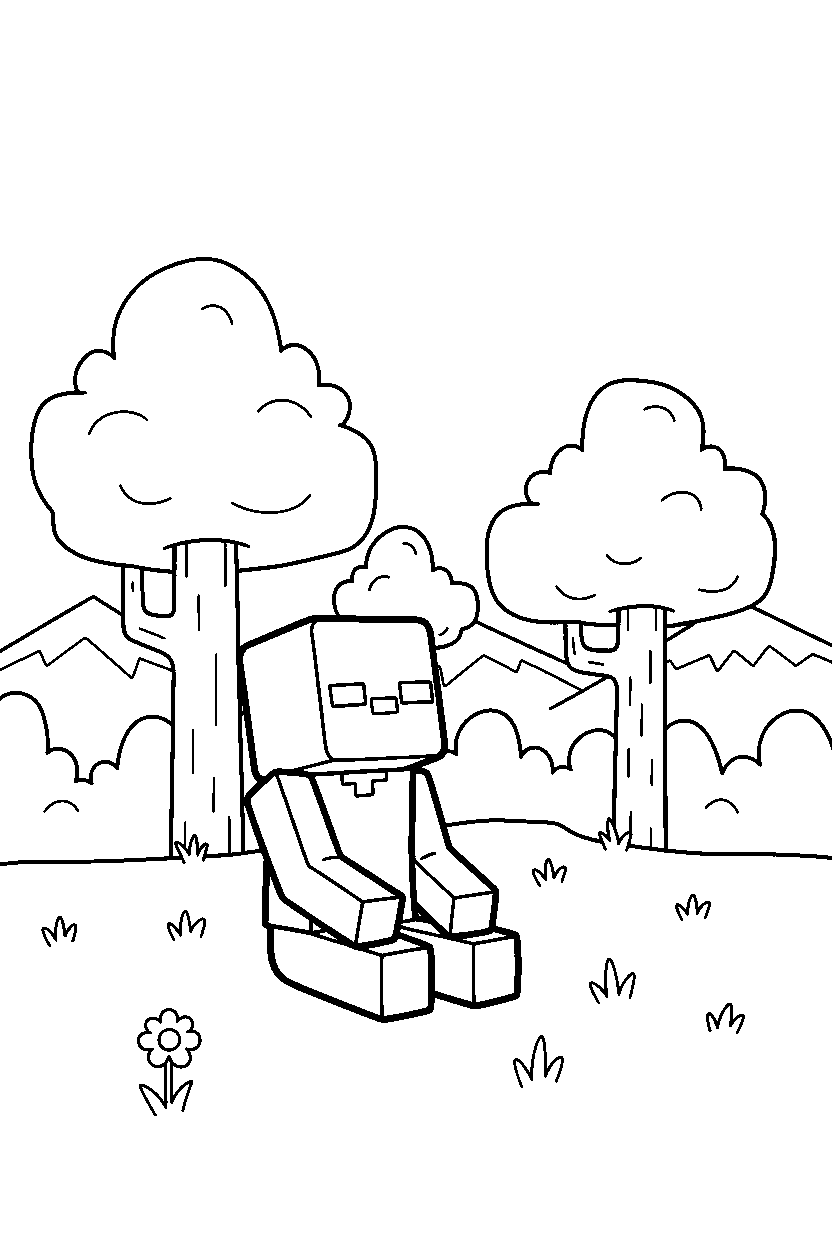 minecraft zombie watching the forest quietly in a meadow line art