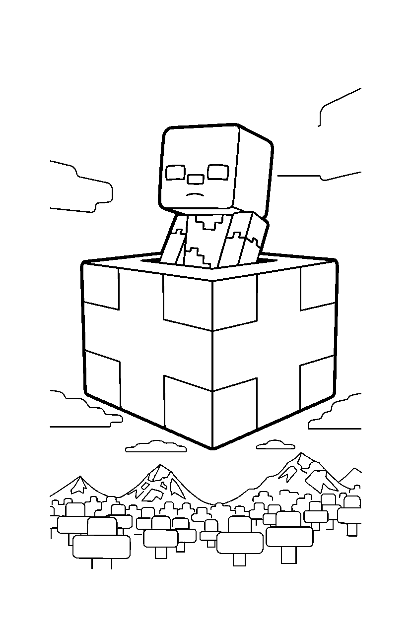 minecraft zombie watching the forest quietly in a sky base line art