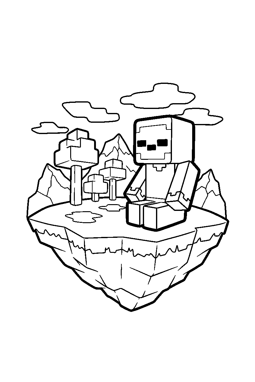 minecraft zombie watching the forest quietly on an end island line art