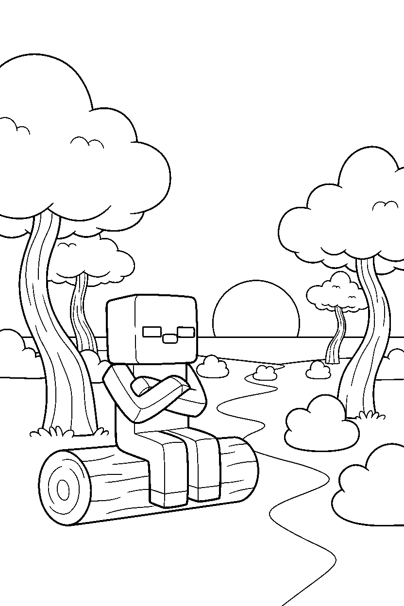 minecraft zombie watching the horizon quietly in a forest line art