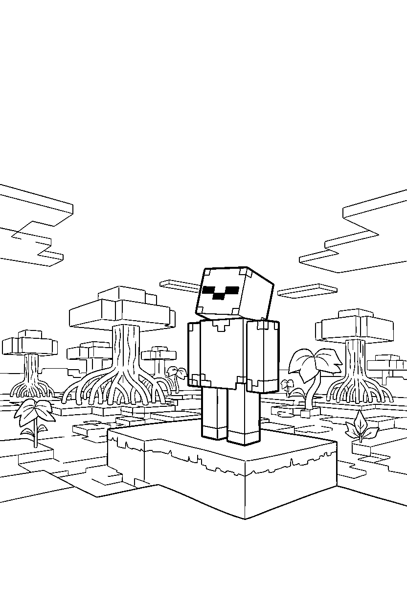 minecraft zombie watching the horizon silently in a mangrove swamp line art