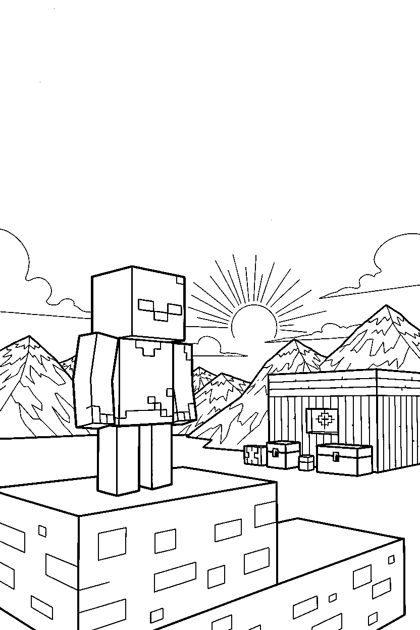 minecraft zombie watching the horizon silently in a survival base line art