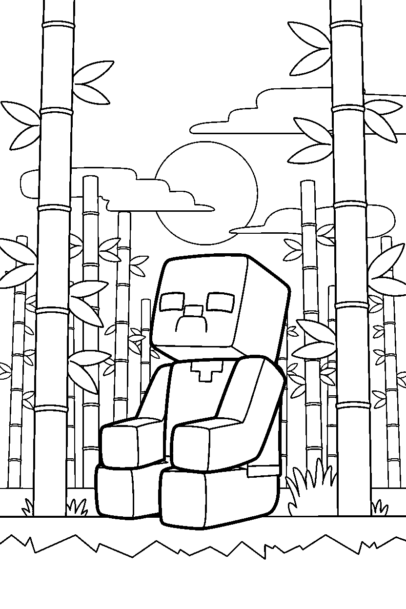 minecraft zombie watching the sky quietly in a bamboo jungle line art