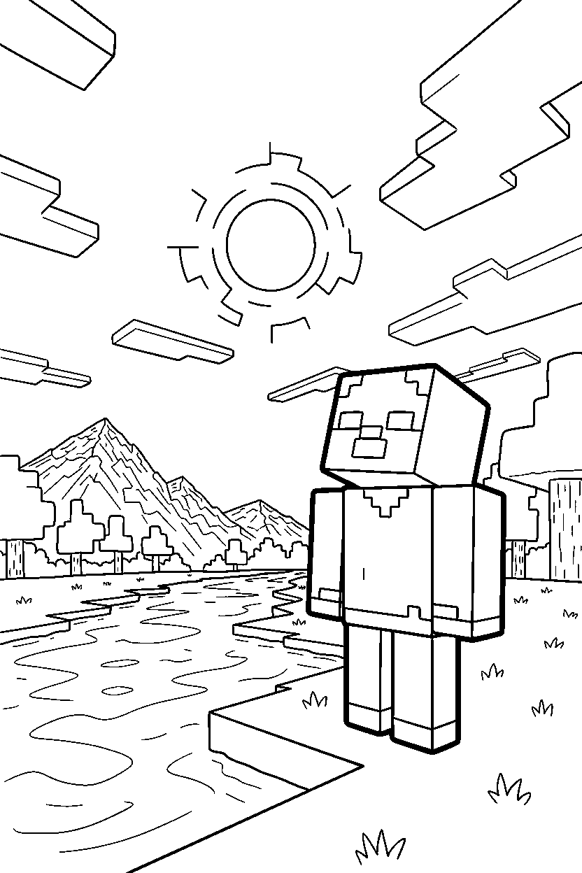 minecraft zombie watching the sky quietly near a river line art