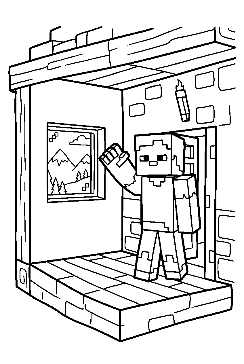 minecraft zombie waving in mountain house line art