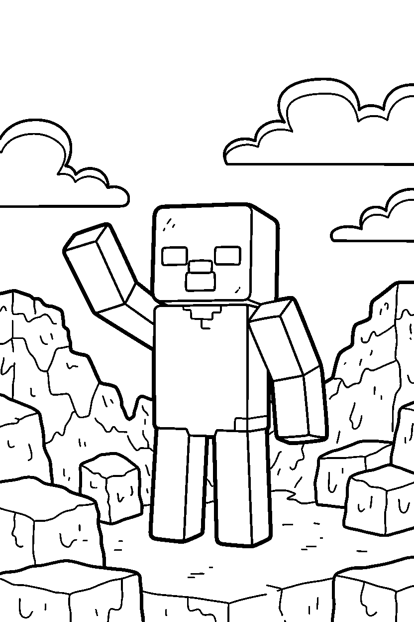minecraft zombie waving in rocky area line art
