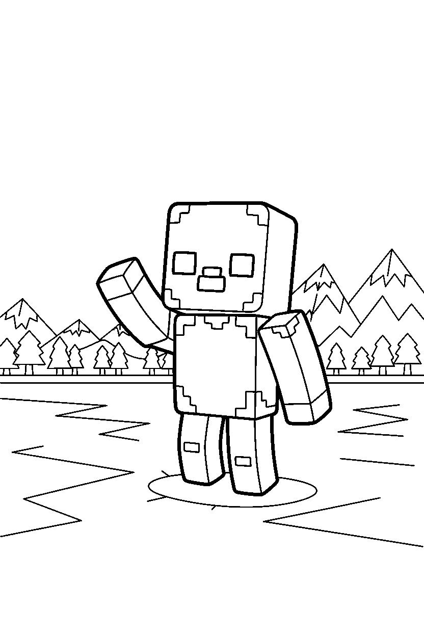 minecraft zombie waving on frozen lake line art