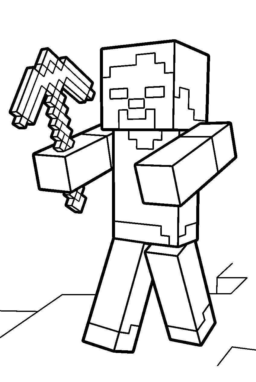 minecraft zombie with a pickaxe line art