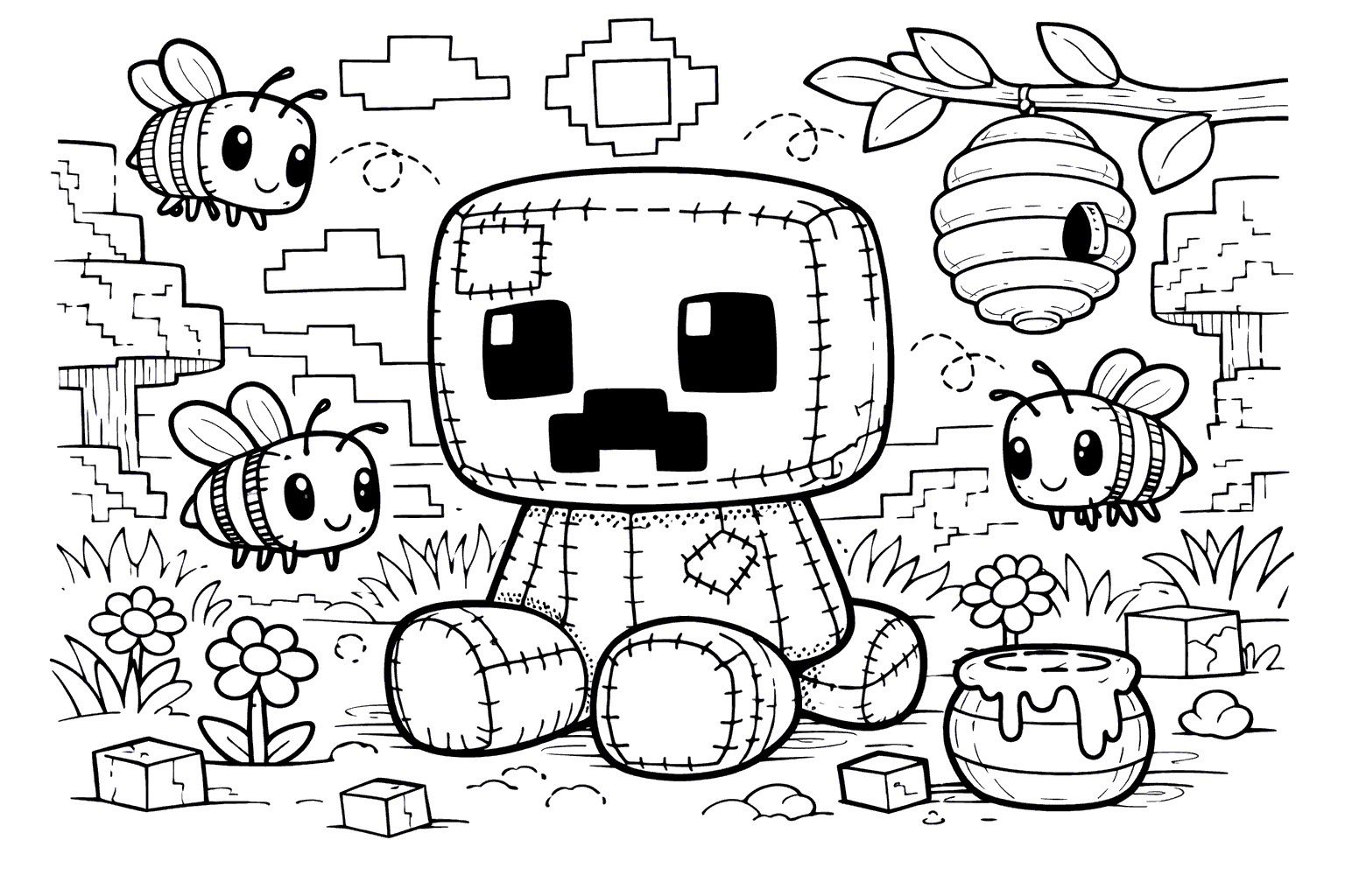 cute creeper plush bees line art