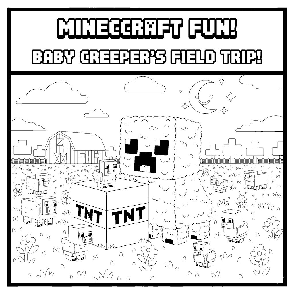 cute fluffy baby creeper farm animals line art