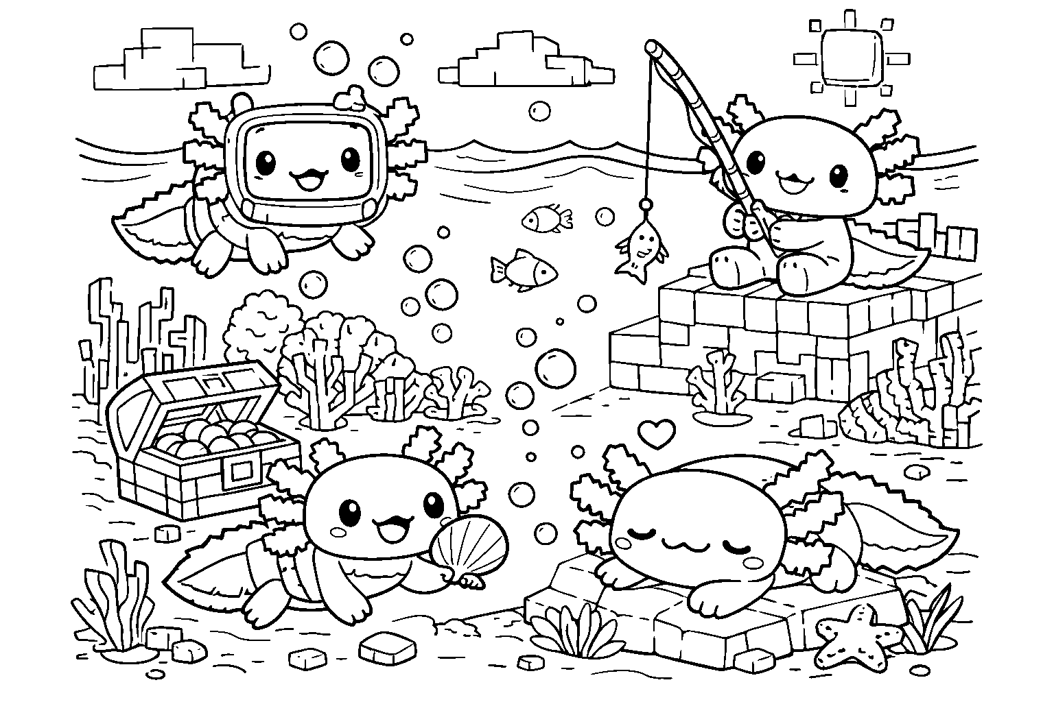 cute kawaii axolotl fishing