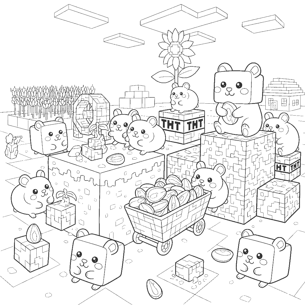 cute kawaii minecraft hamsters line art