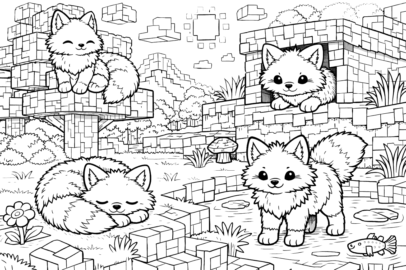 cute minecraft fluffy foxes line art