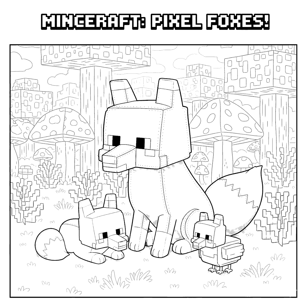 cute minecraft pixel foxes mushroom forest line art