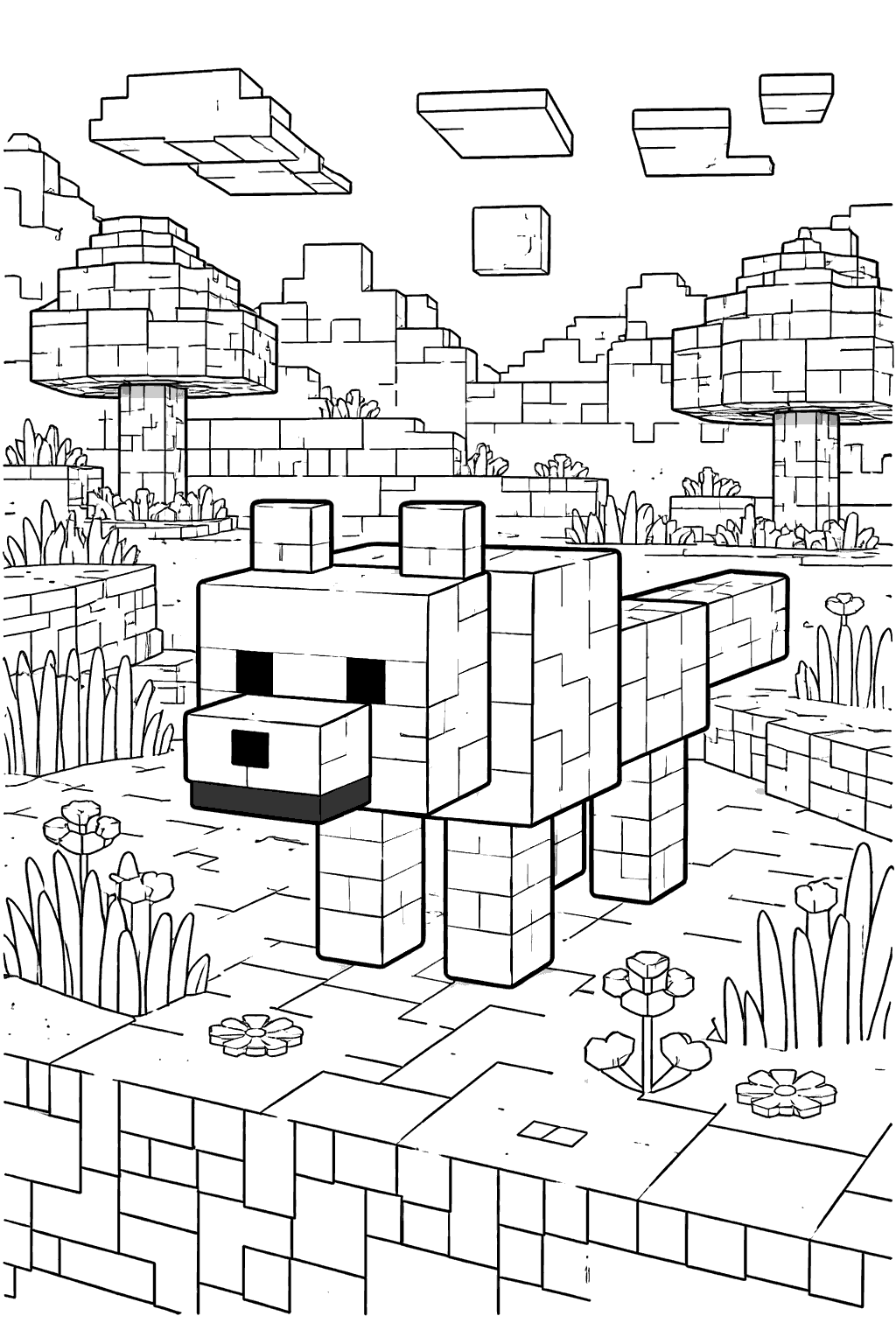 cute minecraft wolf dog line art