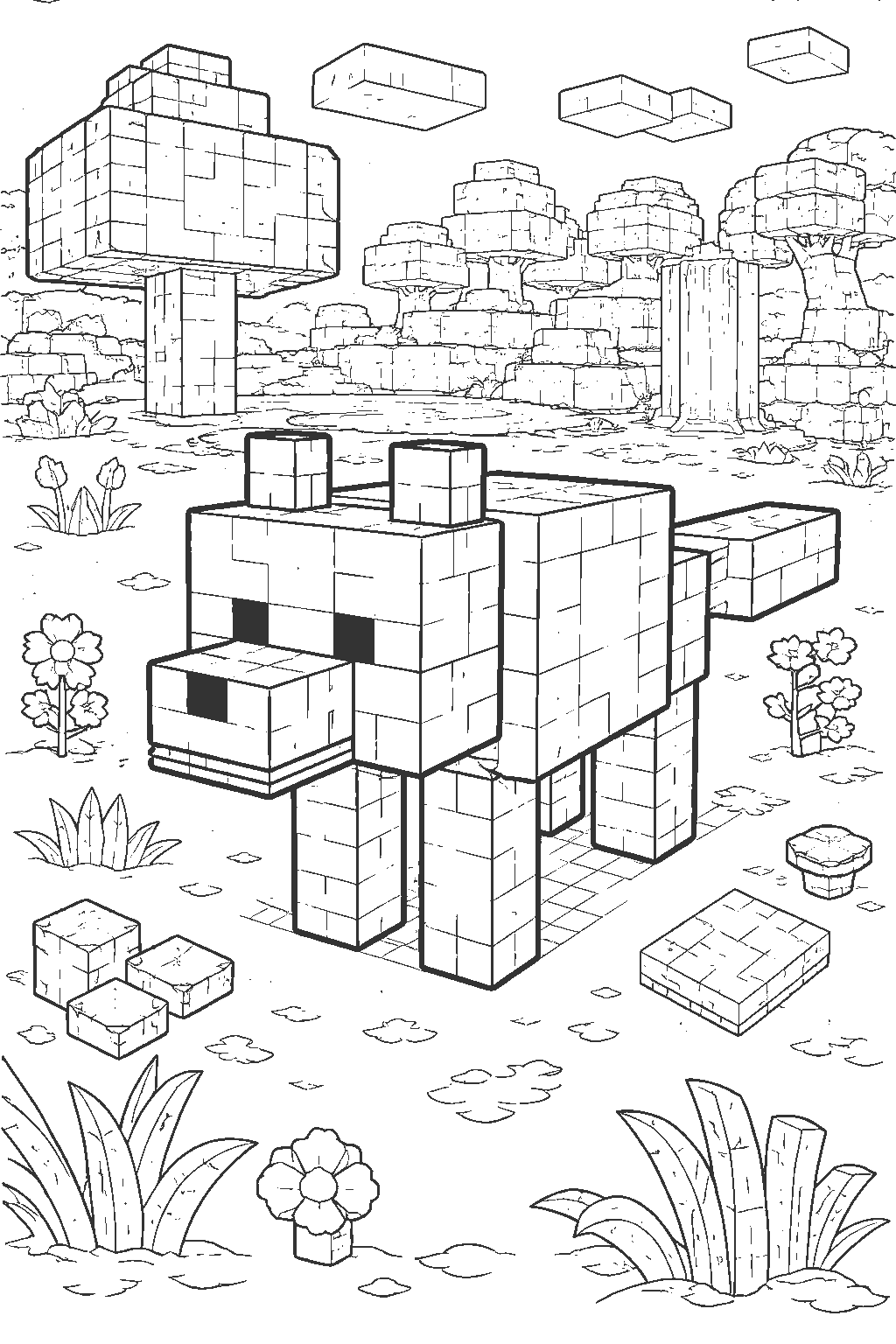 cute minecraft wolf flower forest line art