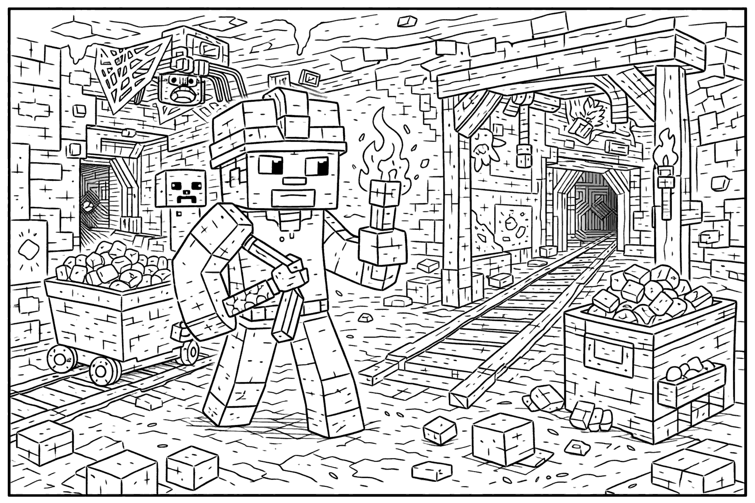 epic minecraft mining scene with creeper