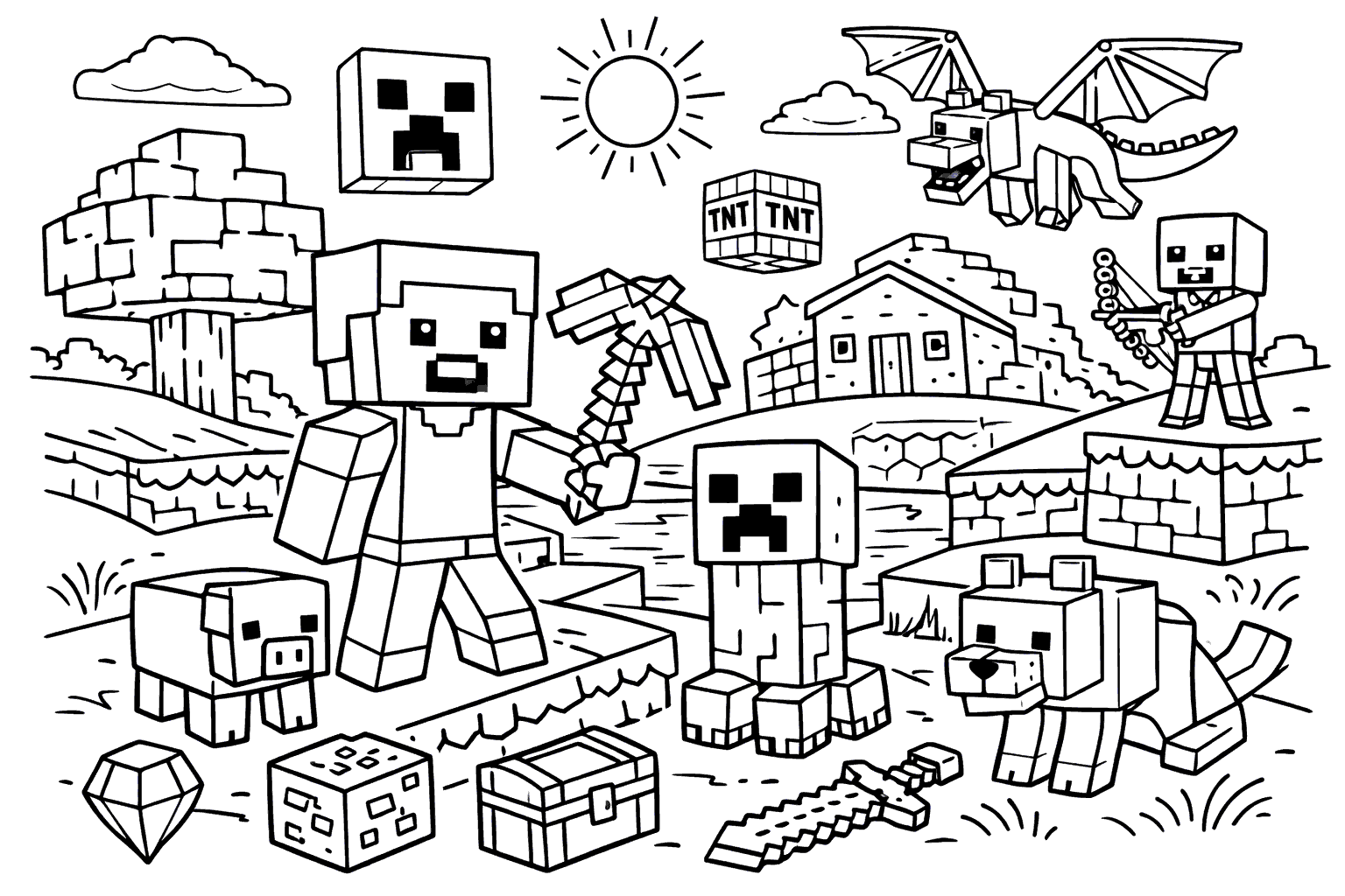 epic minecraft world adventure line art