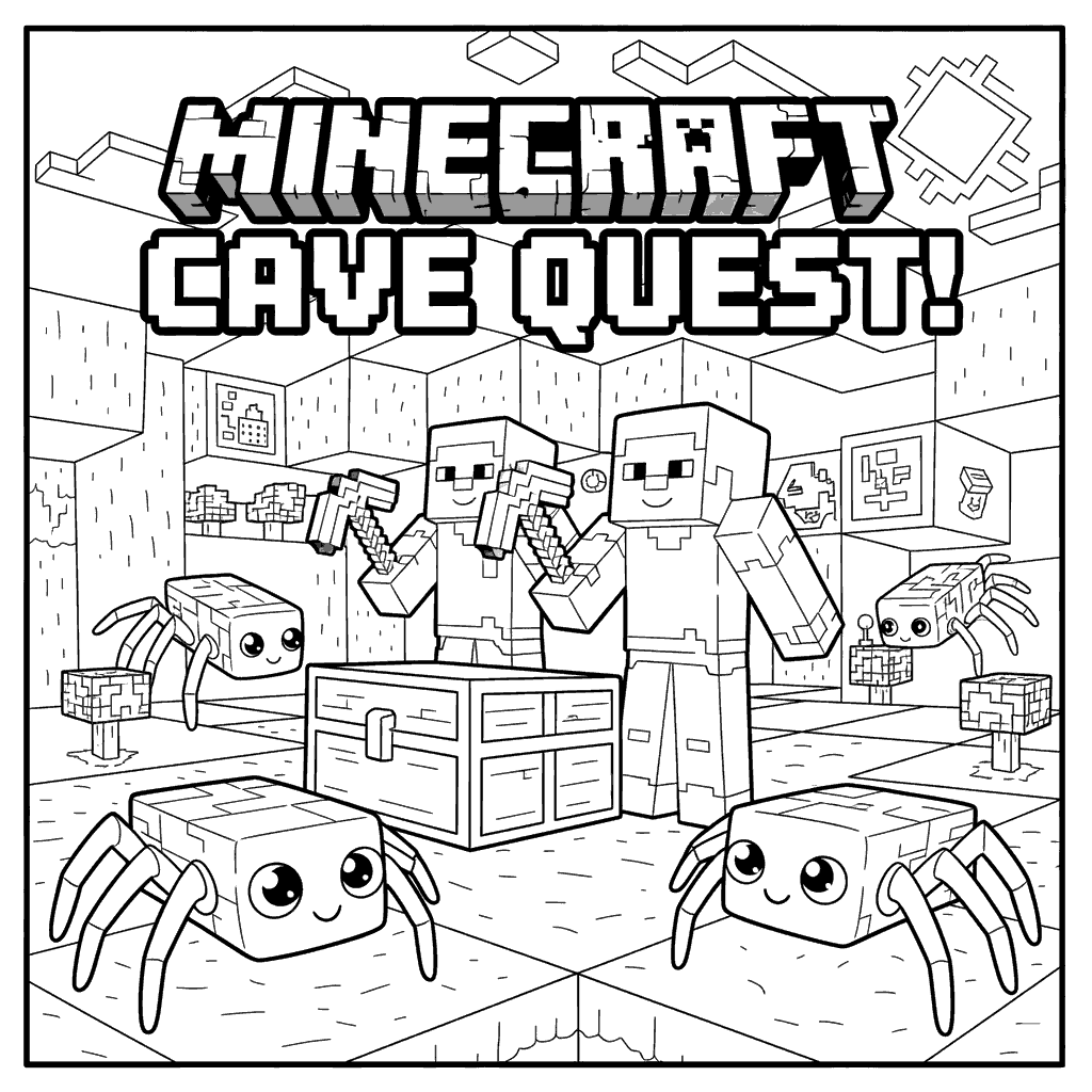 minecraft spiders and treasure chest coloring sheet