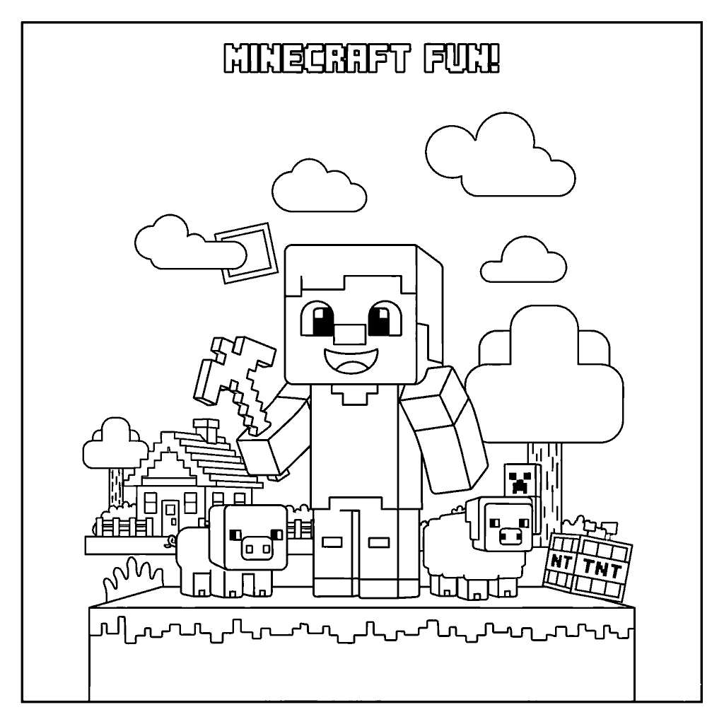 happy minecraft steve farm animals line art