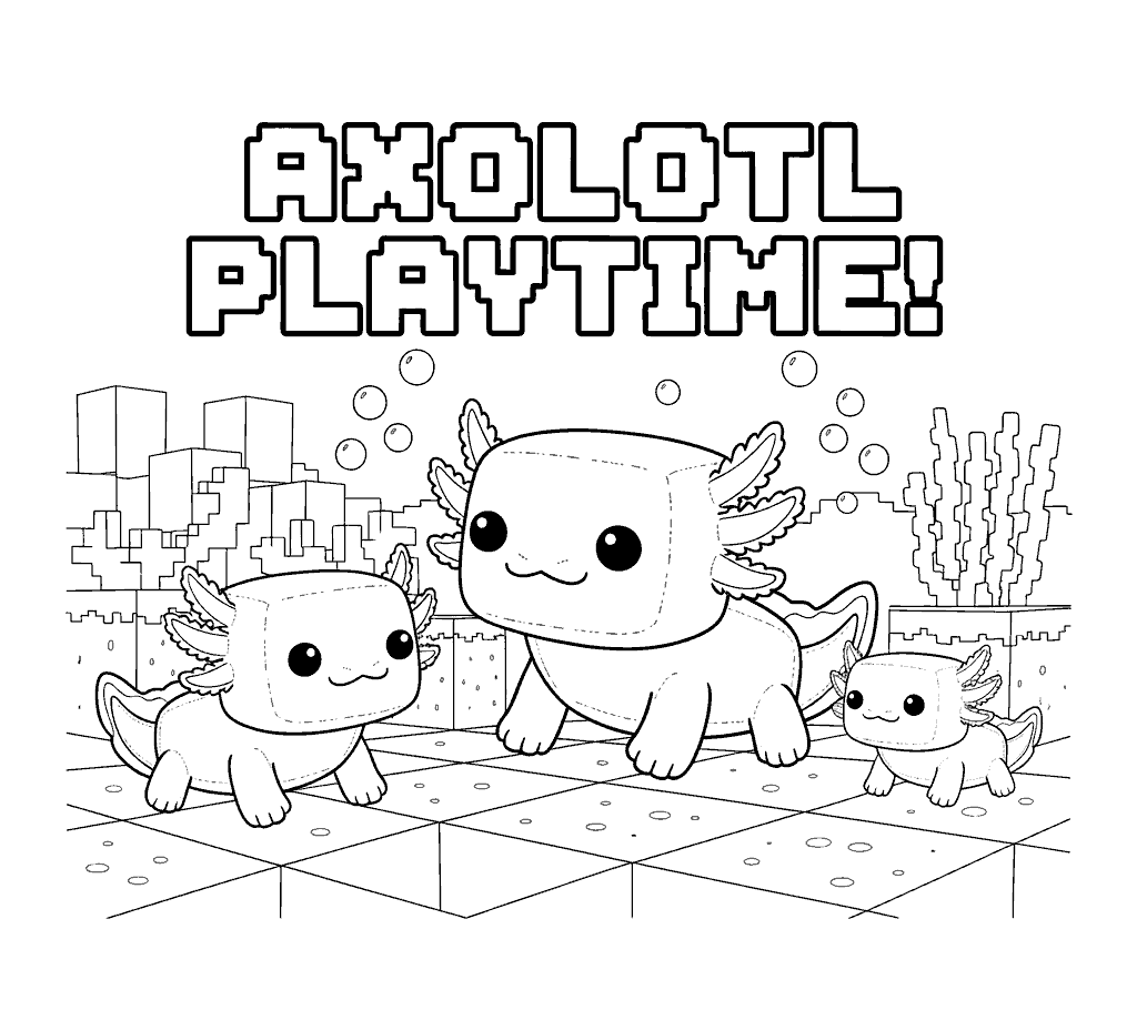 kawaii minecraft axolotl playtime line art