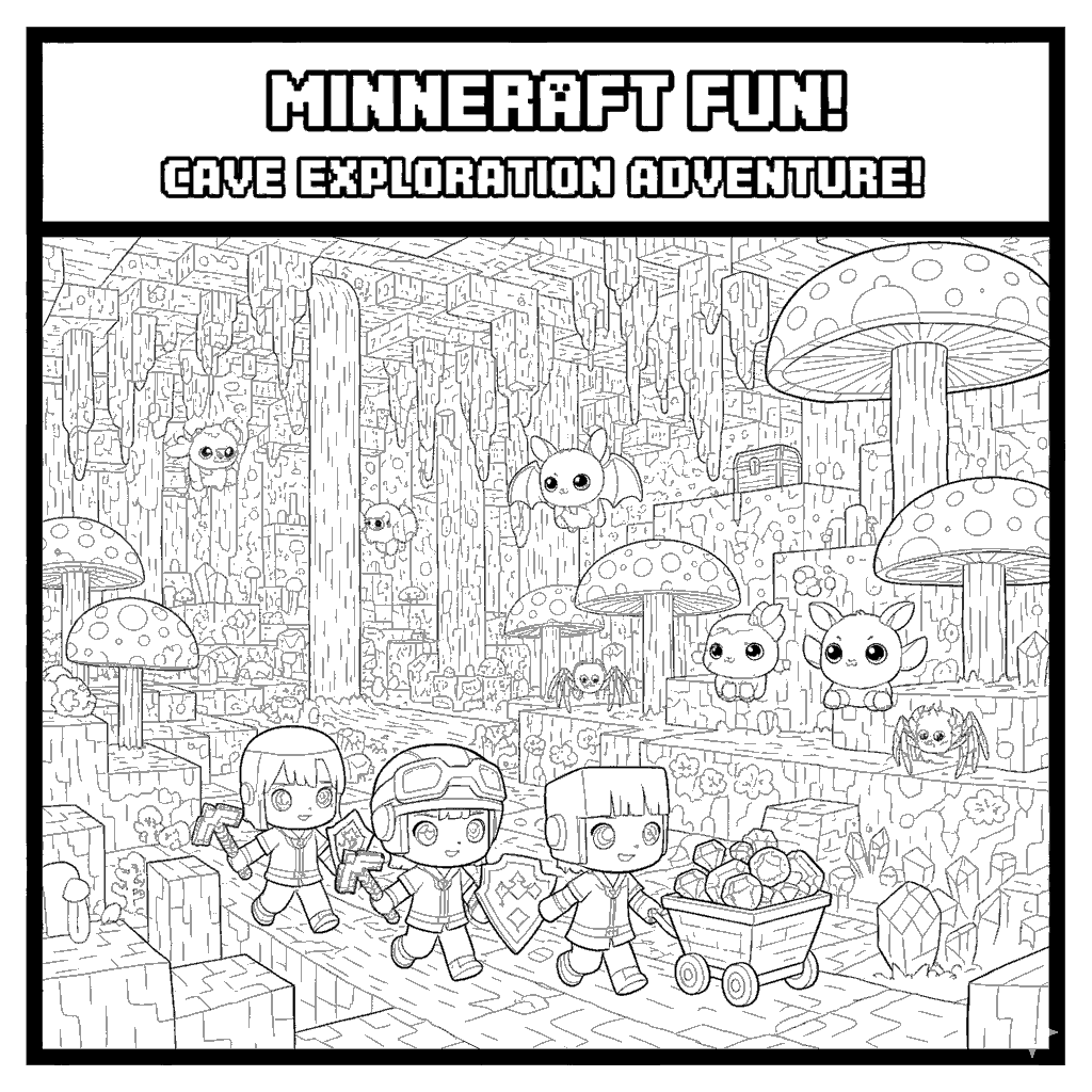 kawaii minecraft cave exploration line art