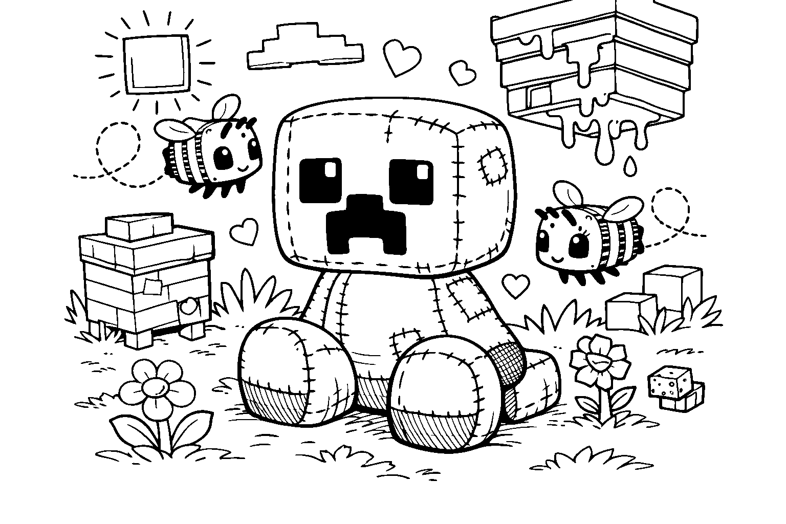 kawaii minecraft creeper plushie bees line art