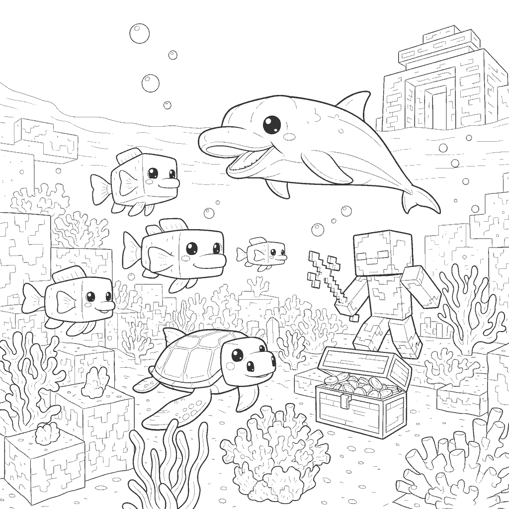 kawaii minecraft ocean dolphin turtle line art