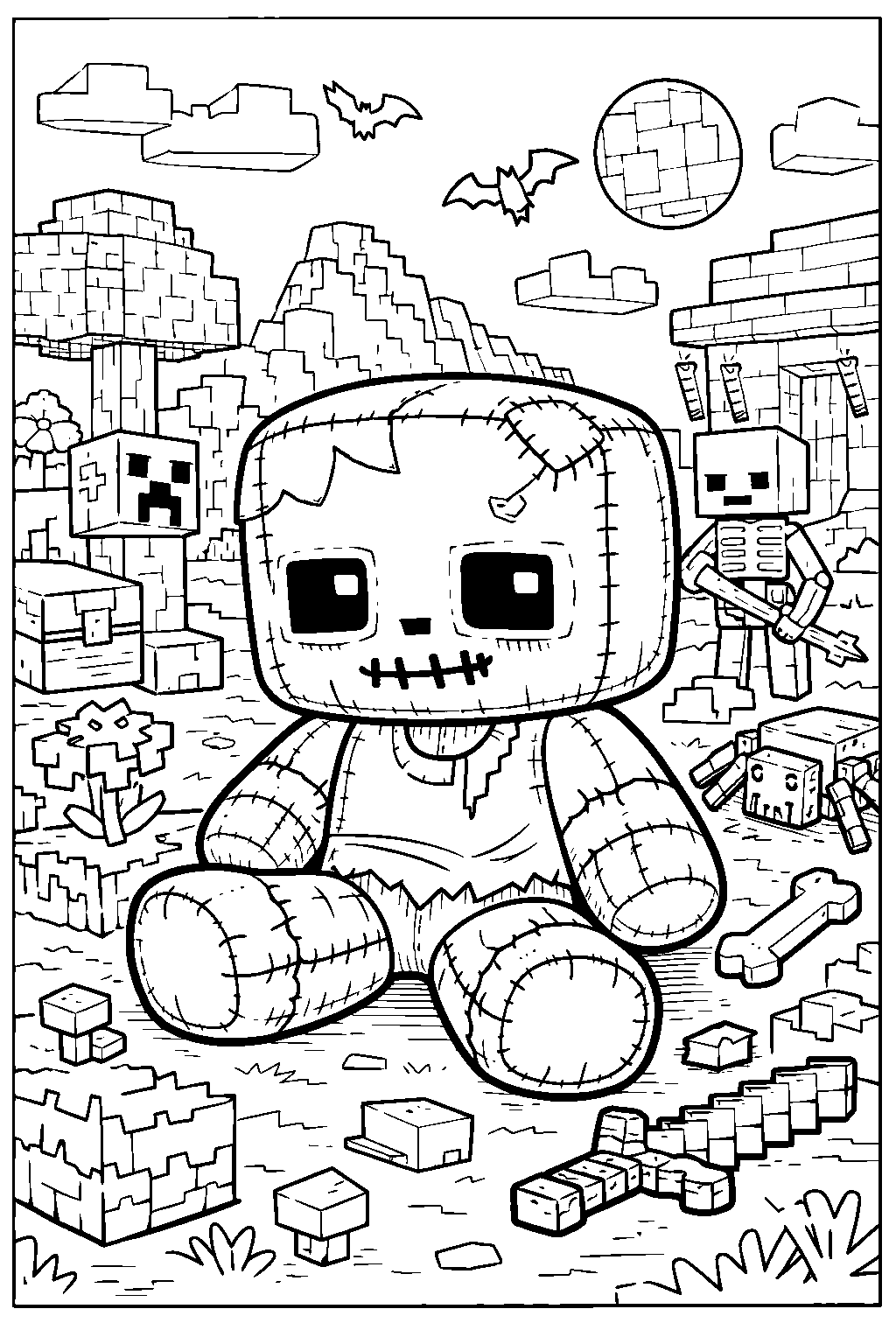 kawaii minecraft zombie plushie line art