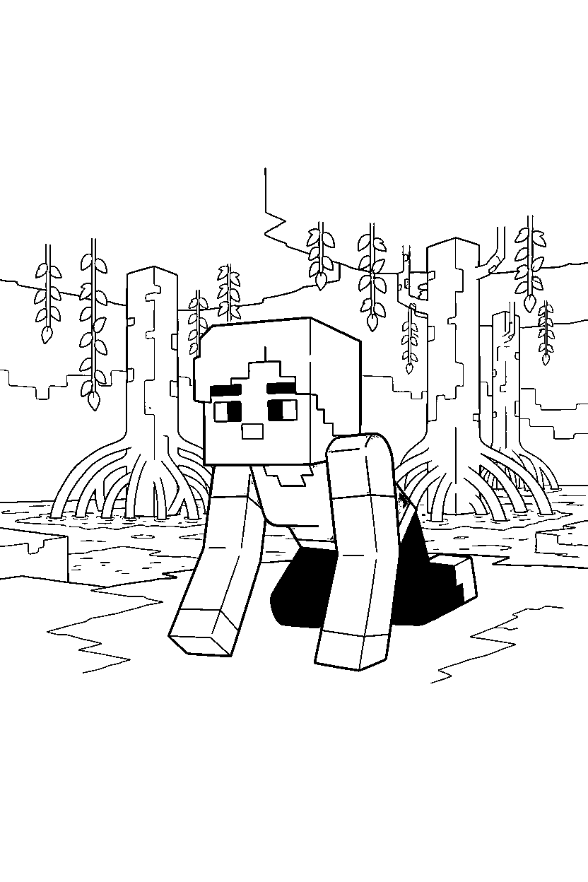 minecraft alex crawling calmly in a mangrove swamp line art