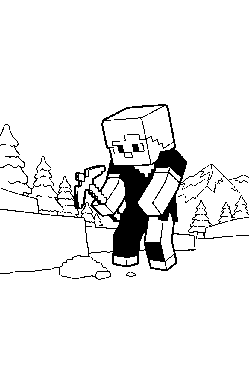 minecraft alex digging carefully in snowy tundra line art
