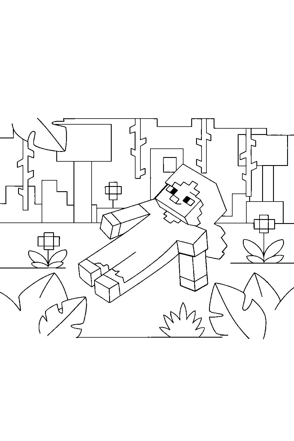 minecraft alex floating calmly in a jungle line art