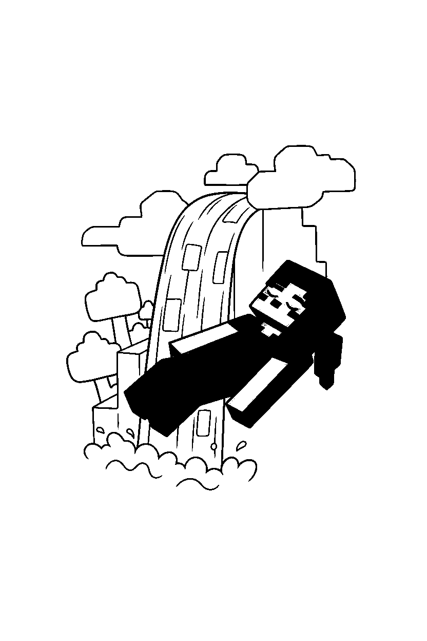 minecraft alex floating calmly near a waterfall line art