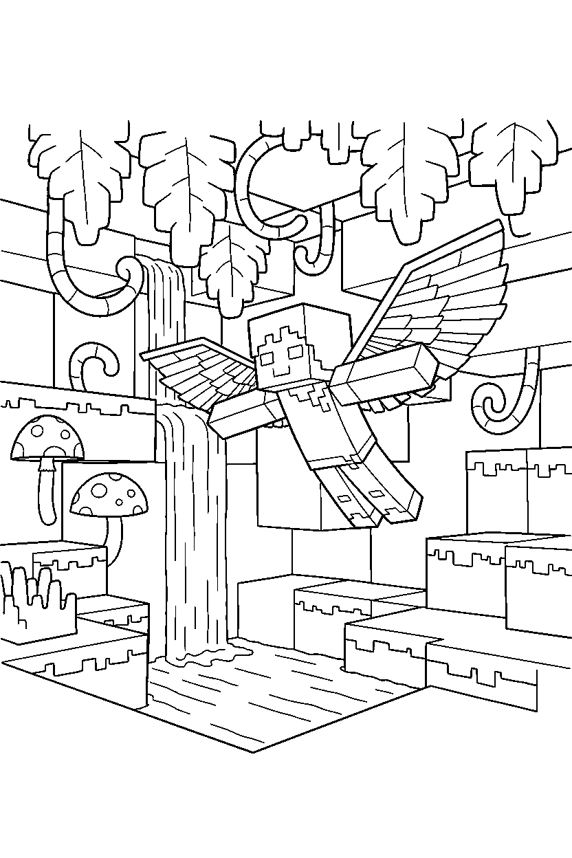 minecraft alex gliding calmly in a lush cave line art