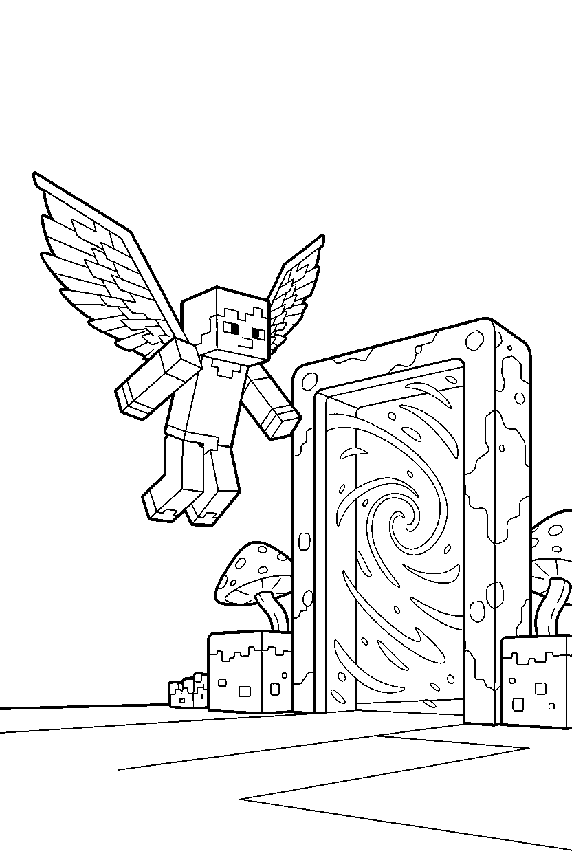 minecraft alex gliding calmly near a nether portal line art