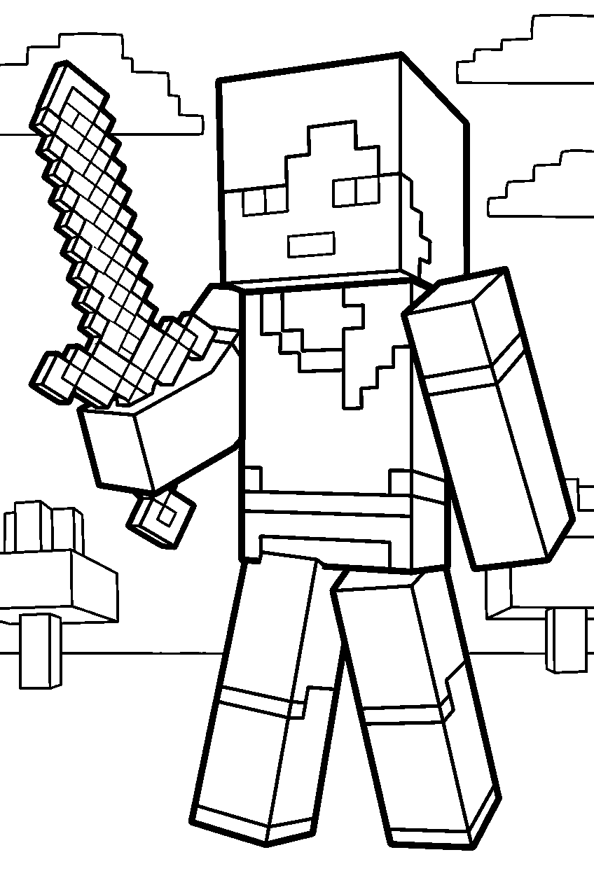 minecraft alex holding a diamond sword line art