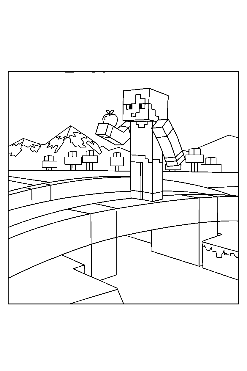 minecraft alex holding an apple on a bridge line art