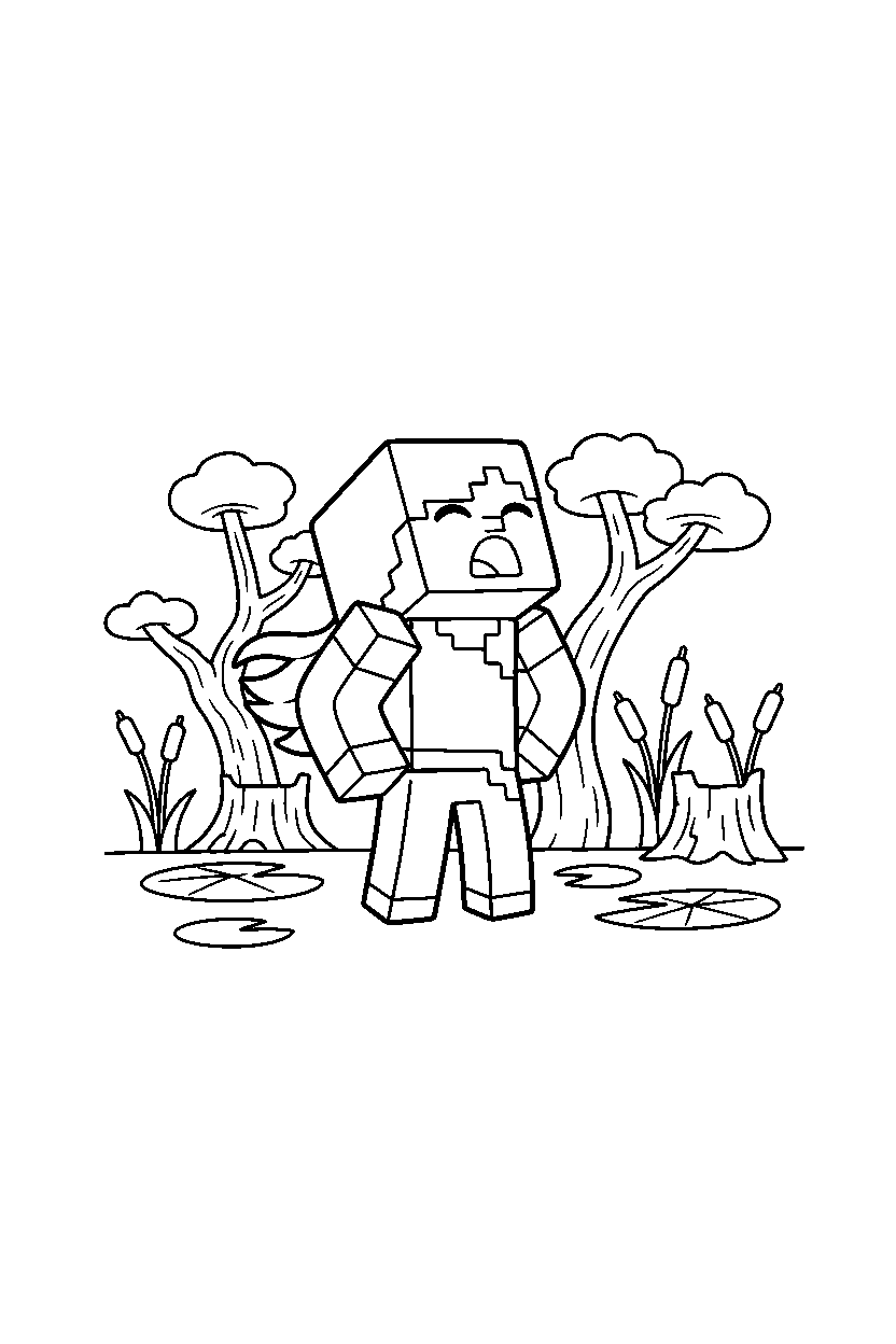 minecraft alex howling playfully in a swamp line art