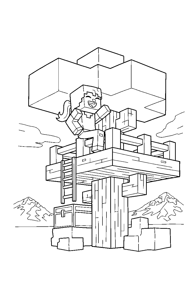 minecraft alex howling playfully in a treehouse base line art