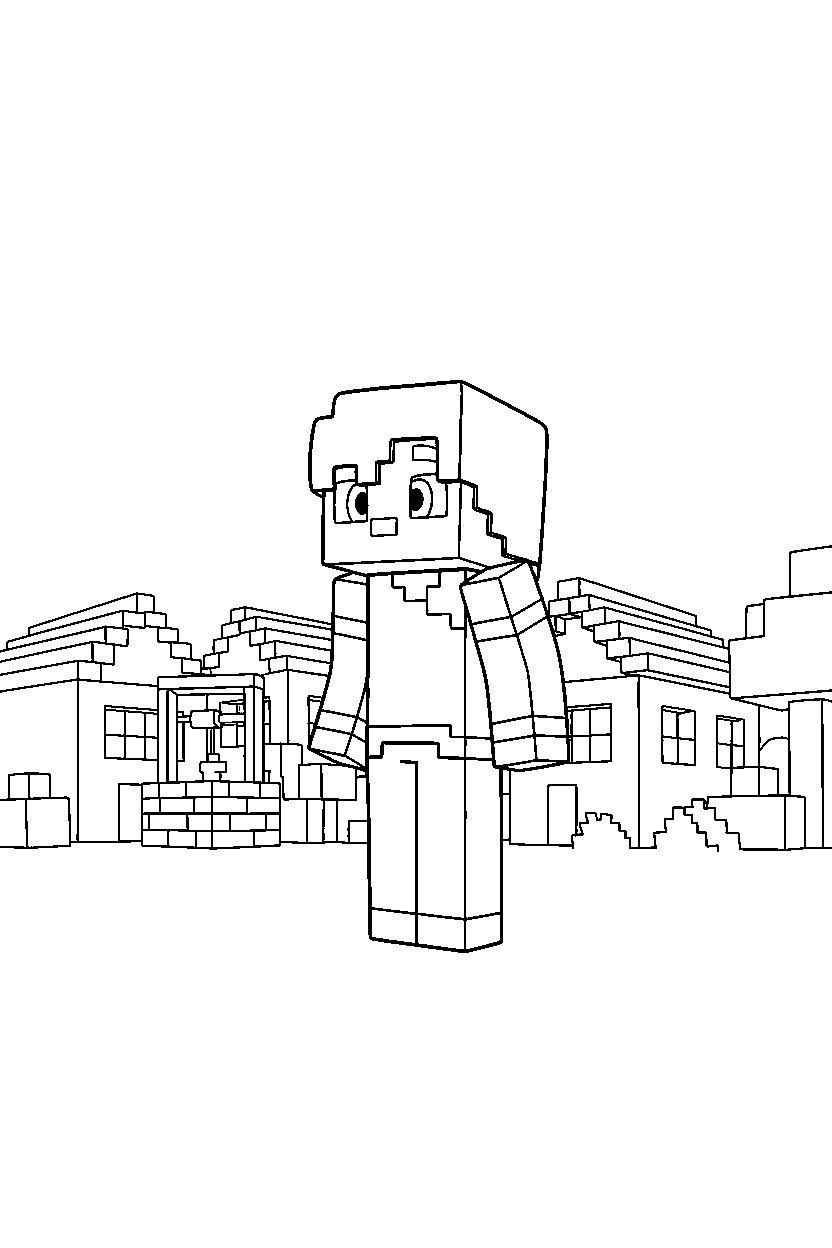 minecraft alex looking around curiously in a village line art
