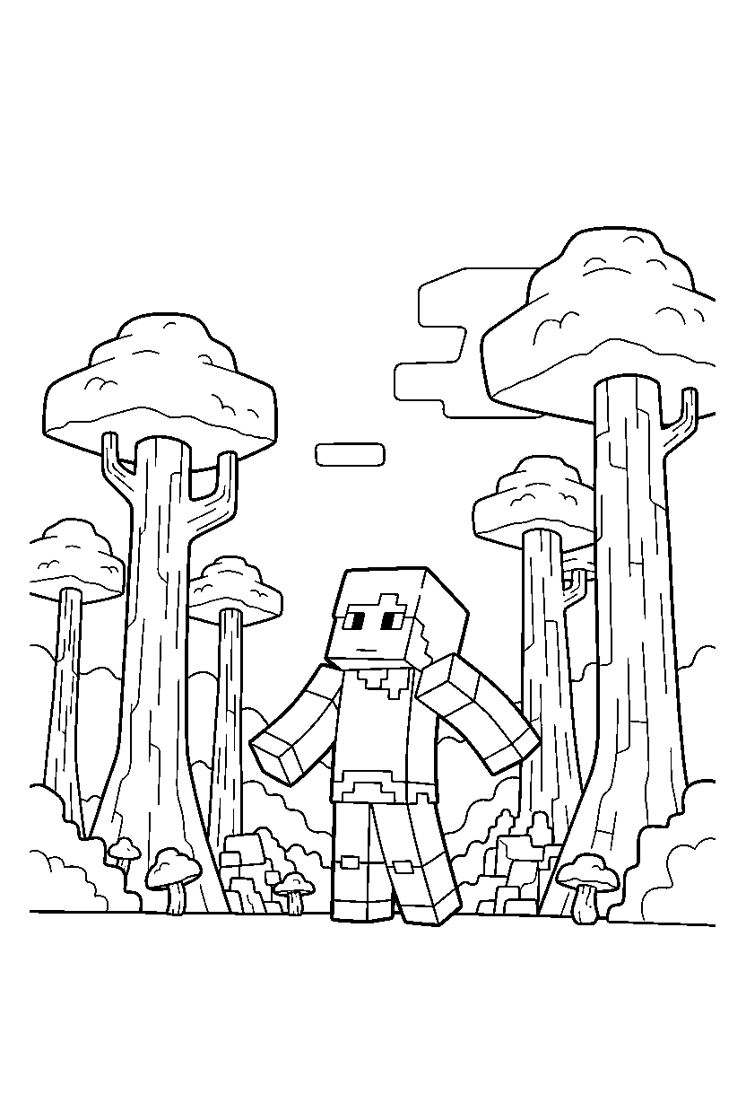 minecraft alex looking at the sky in a dark forest line art