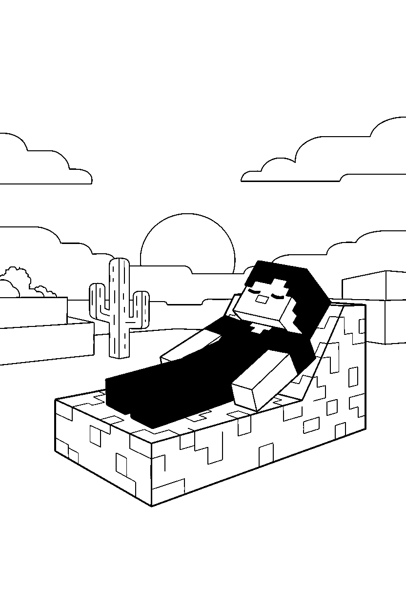 minecraft alex relaxing peacefully in a desert line art