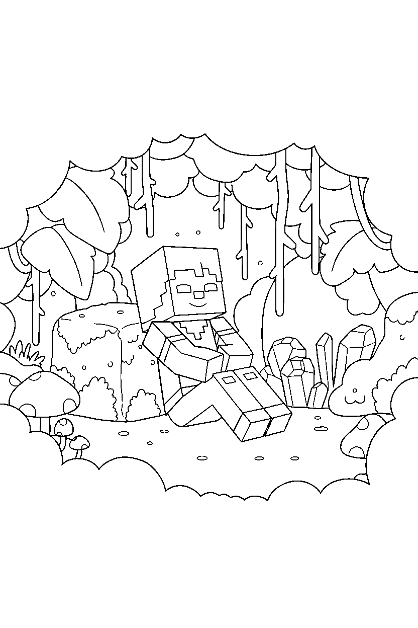 minecraft alex resting calmly in a lush cave line art